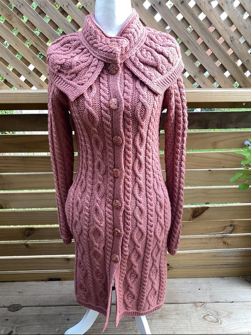 Cable Knit Long Button-Front Sweater Coatigan in Dusty Rose